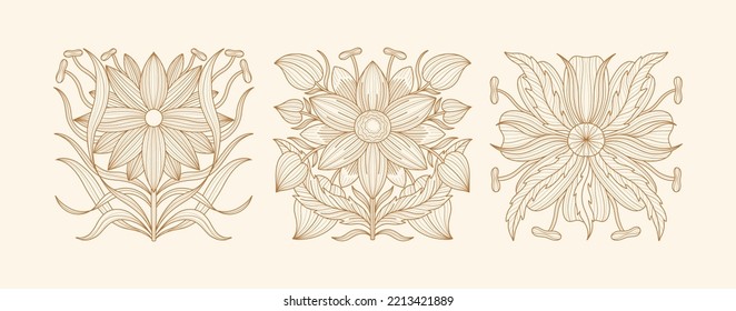 Art nouveau style flower plant basic element. 1920-1930 years vintage design. Symbol motif design. Vector illustration.