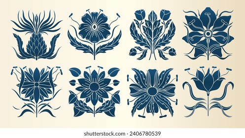 Art nouveau style flower plant basic element. 1920-1930 years vintage design. Symbol motif design. Vector illustration.