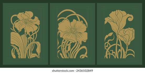 Art nouveau style flower plant motif template. 1920-1930 years vintage design. Symbol motif art deco design. Vector illustration.