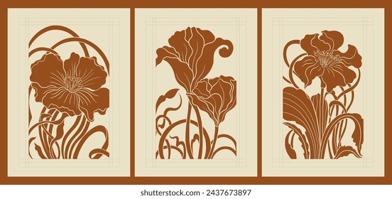 Art nouveau style flower plant motif template. 1920-1930 years vintage design. Symbol motif art deco design. Vector illustration.