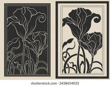 Art nouveau style flower plant motif template. 1920-1930 years vintage design. Symbol motif art deco design. Vector illustration.