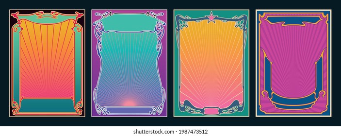 Art Nouveau Style Frame Set, Psychedelic Colors 1960s Musical Posters Stylization 