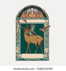 Art Nouveau style illustration of a deer with butterfly wings. The deer stands in a decorative frame, featuring floral patterns and intricate designs. Vintage art illustration, vector.