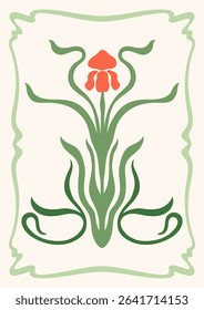 Art Nouveau style illustration vector poster. Vintage print design with iris flower composition in whimsical frame