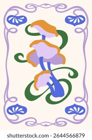Art Nouveau style illustration vector poster. Vintage print design with whimsical mushrooms in floral frame