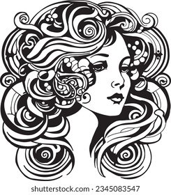 Art nouveau style outline illustration of a woman with long curly hair, coloring book template