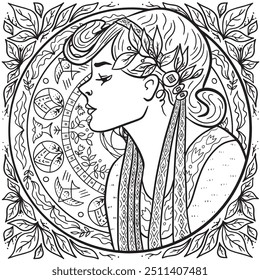 Art Nouveau Style Portrait of a Young Girl with Decorative Circle – Stylized Line Drawing for Coloring