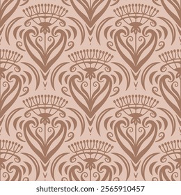 Art Nouveau style scallop floral seamless pattern on beige background. Mocha Mousse colour.