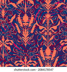 Estilo Art Nouveau sin inconvenientes. Fondo floral barroco clásico renacentista sobre textura con líneas curvas. Flores y remolinos decorativos. Diseño de moda para papel pintado, textil y tejido.