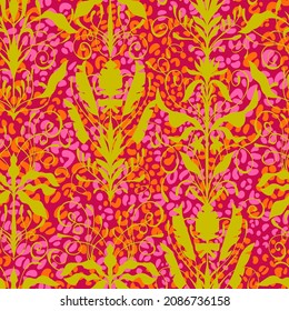 Art nouveau style seamless pattern. Classic renaissance baroque floral background on texture with leopard spots. Decorative swirls and flowers. Intricate animal print.