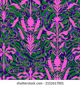 Jugendstil nahtloses Muster. Klassische Renaissance-Barock-floraler Hintergrund auf strukturierter Struktur mit abgerundeten Linien. Dekorative Wirbel und Blumen. Modedesign für Tapeten, Textilien und Stoff.