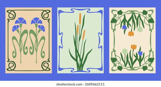 Art Nouveau style vector posters set. Vintage print designs with flowers, plants and whimsical frames