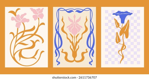 Art Nouveau style vector posters set. Retro print designs with flowers,  whimsical frame, checkered background