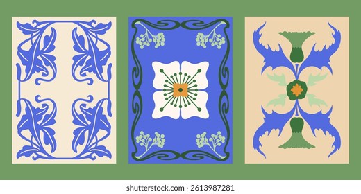 Art Nouveau style vector posters set. Retro vintage abstract florals print designs