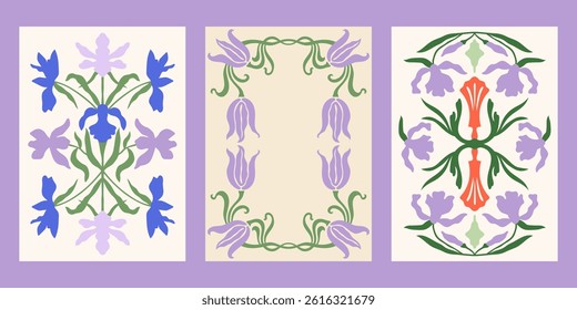 Art Nouveau style vector posters set. Vintage abstract print designs with symmetric florals compositions and frames
