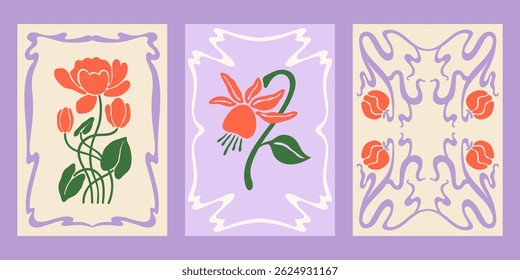 Art Nouveau style vector posters set. Retro print designs with flowers, abstract floral compositions, whimsical frames