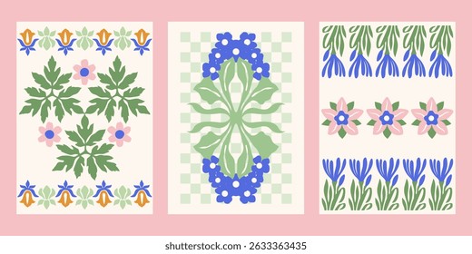 Art Nouveau style vector posters set. Vintage print designs with flowers, abstract florals compositions, checkered background