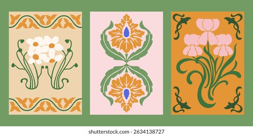 Art Nouveau style vector posters set. Vintage print designs with flowers, abstract florals compositions