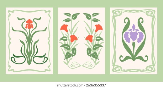 Art Nouveau style vector posters set. Vintage print designs with flowers, abstract florals compositions, whimsical frames