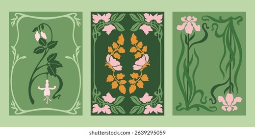 Art Nouveau style vector posters set. Vintage print designs with flowers, abstract florals compositions, whimsical frames