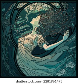 Art nouveau style vector of a woman underwater, Ophelia from Hamlet