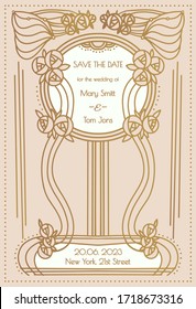 Art Nouveau style wedding card with roses and flowing lines