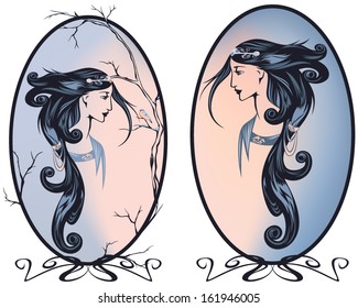 art nouveau style winter season woman portrait in pastel shades of light blue and pink