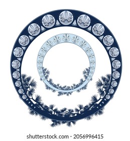 art nouveau style winter season copy sace decorative vector frame with pine tree branches and round border