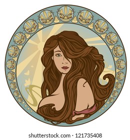 Art Nouveau Style Woman Portrait With Long Hair - Girl In Ornate Circle With Sun Rays And Butterflies