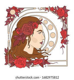 Art Nouveau styled girl with flowers in ornamental frame. Portrait of a girl with long hair in floral frame in old, retro, art nouveau style. Beautiful female face in vintage style - Vector