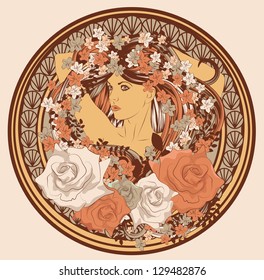 Art Nouveau styled woman with long hair flowers and frame