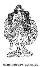 Art Nouveau styled woman and long flowing hair   drapery dress Vintage art design Beautiful female girl Vector Art Nouveau graphics template Fashion illustration Antique drapery dress  goddess