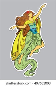 Art Nouveau styled woman with long flowing hair and draping dress and swirl frame.Vintage.Beautiful woman, Fashion illustration