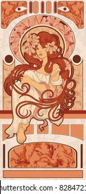 Art Nouveau styled woman with long detailed flowing hair art design