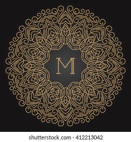 Art Nouveau text frame in mono line style.  Art deco geometric golden monogram, design element on dark background.