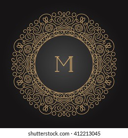  Art Nouveau text frame in mono line style.  Art deco geometric golden monogram, design element on dark background.