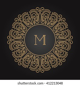  Art Nouveau text frame in mono line style.  Art deco geometric golden monogram, design element on dark background.