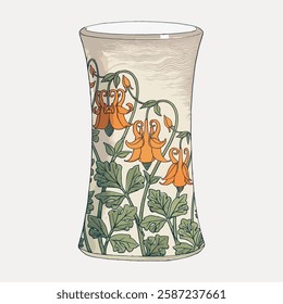 Art Nouveau vase with floral design. Features orange flowers and green leaves. Decorative vase with intricate floral patterns. Elegant and artistic vase design. Vintage art illustration, vector.