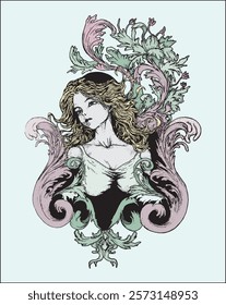 Art nouveau vector image of a beautiful girl and floral ornament