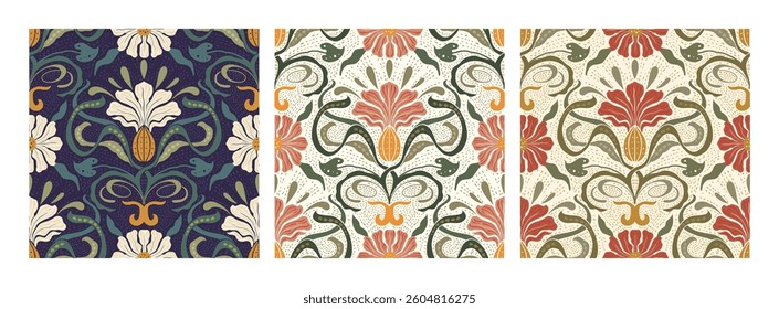 Art Nouveau Vintage Pattern Set Seamless Vector Background Baroque Floral Antique Motif Boho Bohemian Ethnic Ornament