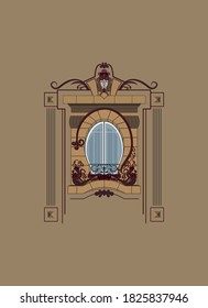 Art Nouveau window with decorative details. Jugendstil window frame. Building facade with a french balcony. 