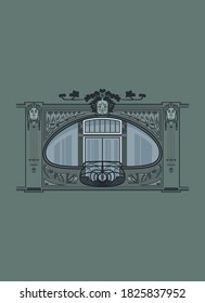 Art Nouveau window with decorative details. Jugendstil window frame. Building facade with a french balcony. 