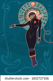 Art Nouveau Woman Astronaut in Outer Space Illustration 