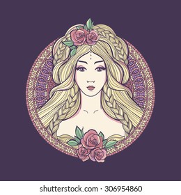 Art Nouveau Woman With Beautuful Long Hair And Roses.