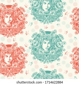 Art nouveau woman and flowers. Seamless pattern. Packing old paper, scrapbooking style. Vintage background. Medieval manuscript, engraving art. Magic witch 