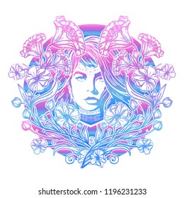 Art nouveau woman and flowers tattoo and t-shirt design 