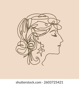 Art Nouveau woman ornate line drawing isolated on background. Elegant modern logo or label, linear decorative minimalistic design elements. Vector vintage invitation template, retro party design. Old