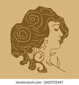 Art Nouveau woman ornate line drawing isolated on background. Elegant modern logo or label, linear decorative minimalistic design elements. Vector vintage invitation template, retro party design. Old