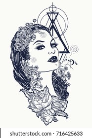 Art nouveau woman tattoo and t-shirt design. Symbol of a retro, queen, princess, lady, elegance, glamour, renaissance 