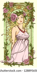 Art Nouveau woman in vertical floral border